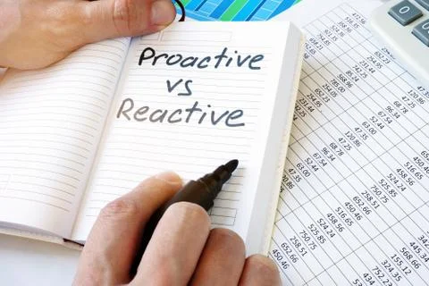 Words Proactive Vs Reactive Organization in the note. Stock Photos