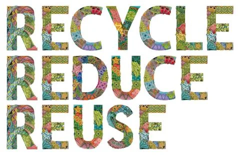 Words RECYCLE REDUCE REUSE. Vector decorative zentangle object Illustrazione stock