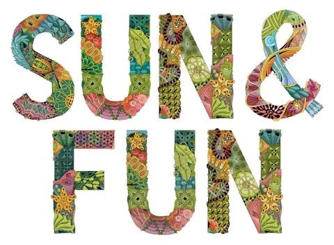 Words SUN and FUN. Vector decorative zentangle object Stock Illustration