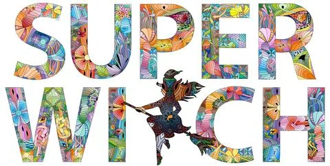 Words SUPER WITCH. Vector decorative zentangle object 스톡 일러스트