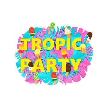 Words TROPIC PARTY composition with creative pink blue jungle leaves and ice Stock Illustration