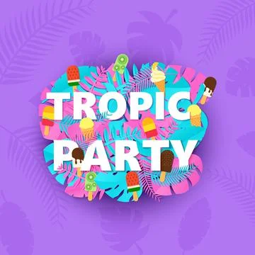 Words TROPIC PARTY composition with creative pink blue jungle leaves and ice Stock Illustration