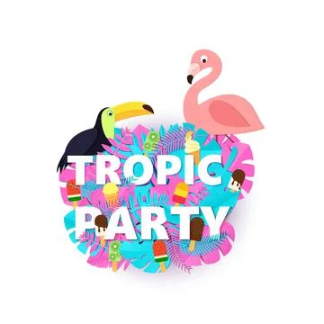 Words TROPIC PARTY composition with creative pink blue jungle leaves ice cream Stock Illustration