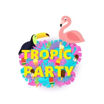 Words TROPIC PARTY composition with creative pink blue jungle leaves ice cream Stock Illustration
