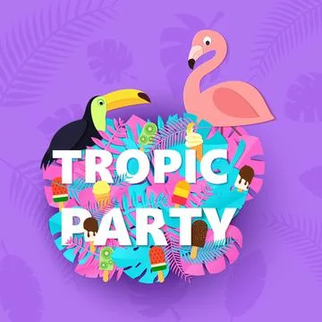 Words TROPIC PARTY composition with creative pink blue jungle leaves ice cream Stock Illustration
