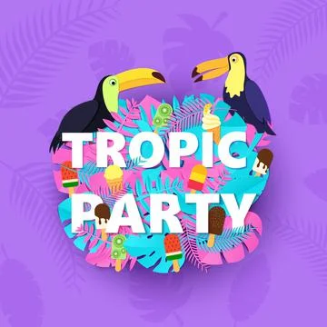 Words TROPIC PARTY composition with creative pink blue jungle leaves ice cream Stock Illustration