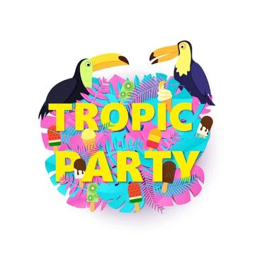 Words TROPIC PARTY composition with creative pink blue jungle leaves ice cream Stock Illustration
