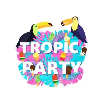 Words TROPIC PARTY composition with creative pink blue jungle leaves ice cream Stock Illustration