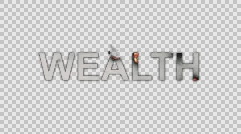 The Words Wealth Burning in Flames to Ashes in Alpha Channel Stock Footage 61045448