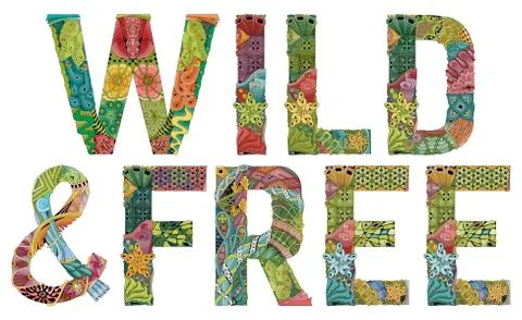 Words WILD and FREE. Vector zentangle object for decoration Stock Illustration