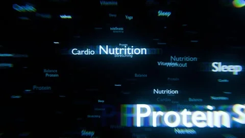 Words like Workout, Nutrition, Wellness, and Strength floating in the air Stock Footage 311856460