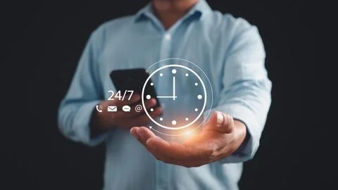 Work 24 hour and 7 day icon virtual screen hologram, 24 hour open, 24 hour .. Stock Photos