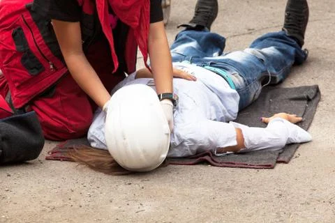 Work accident. first aid training. Foto stock