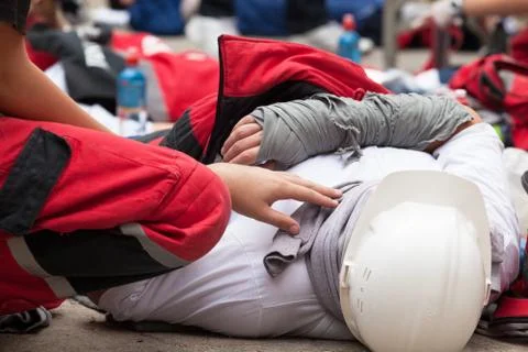Work accident. first aid training. Foto stock