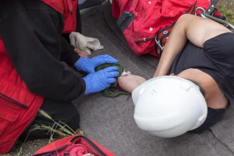 Work accident. first aid training. Stock Photos