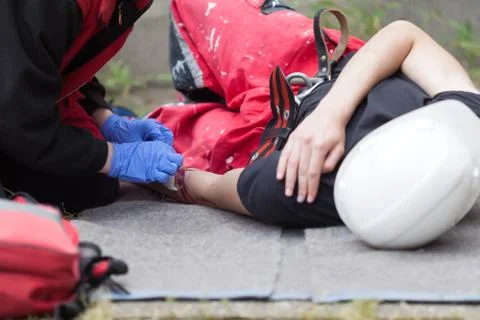 Work accident. first aid training. Stock Photos
