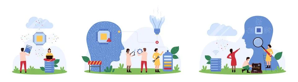 Work with AI mind set, tiny people repair light bulb and CPU connection inside Stock Illustration