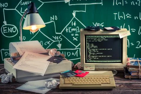 Work on algorithm in the vintage computer lab Stock Photos