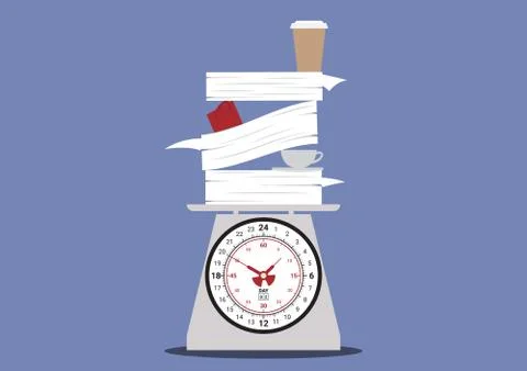 Work and coffee overtime on scale Stock Illustration