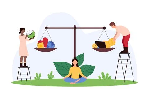Work and life balance comparison, tiny people weigh heart with free lifestyle 스톡 일러스트