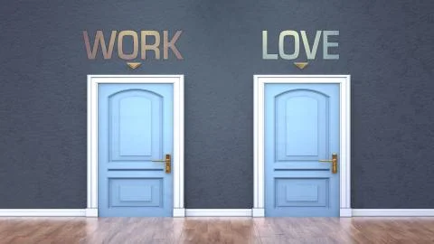 Work and love as a choice - pictured as words Work, love on doors to show tha Stock Illustration