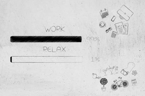 Work and relax percentage bars surrounded by office and leisure objects with  Stock Illustration