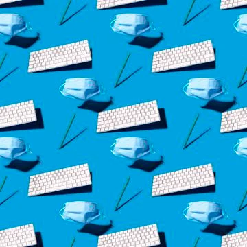 Work and study during pandemic. Seamless pattern with mask, keyboard and pencil Stock Photos