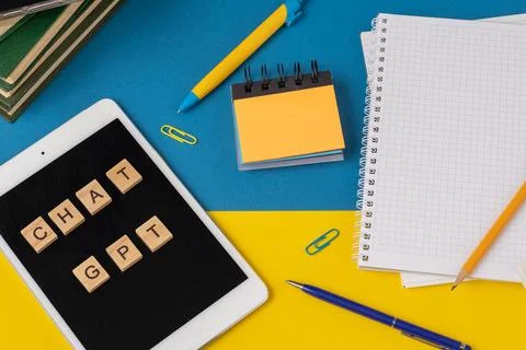Work and study with the help of a chat bot. Words in wooden letters. Work table Stock Photos