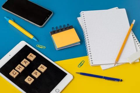 Work and study with the help of a chat bot. Words in wooden letters. Work table Stock Photos