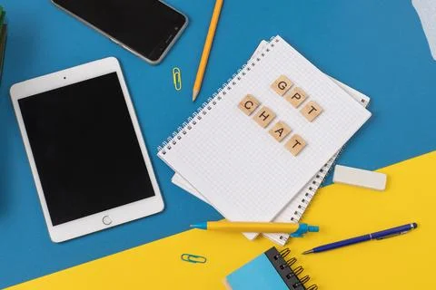 Work and study with the help of a chat bot. Words in wooden letters. Work table Stock Photos