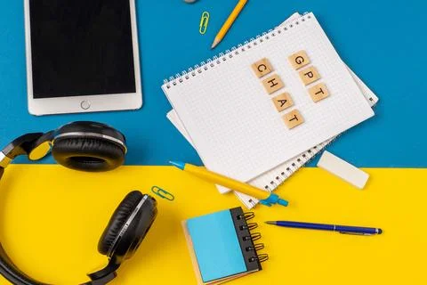 Work and study with the help of a chat bot. Words in wooden letters. Work table Stock Photos