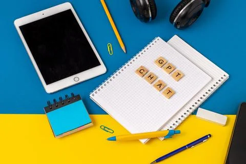 Work and study with the help of a chat bot. Words in wooden letters. Work table Stock Photos