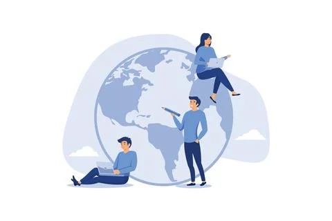 Work from anywhere around the world, business people sitting around world map Stock Illustration