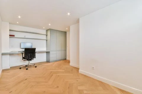Work area in a bright room with a computer Foto stock