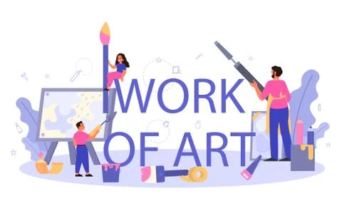 Work of art typographic header. Student holding art tools. Artist Illustrazione stock