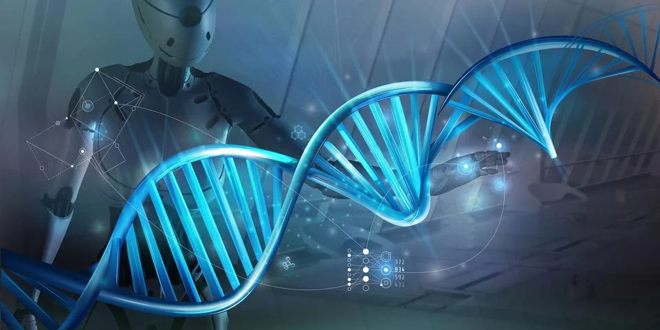The work of artificial intelligence with DNA. 3D render. Stock Illustration