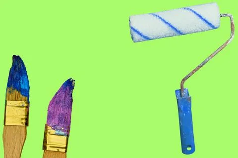 Work art.Painting tools used roller and paint brushes on green Stock Illustration