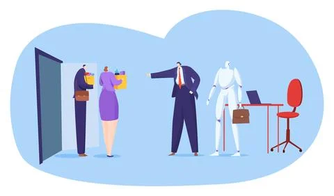 Work automation with robot, vector illustration, office person boss character Stock Illustration
