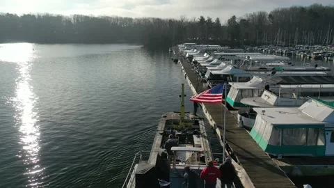 Work barge Pulling Along Side Dock In The Early Morning. 4K Stock Footage 152423603
