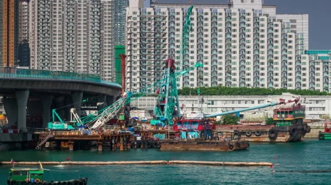 Work barges and cranes on construction of a new tunnel in Hong Kong. Stock Footage 56281263