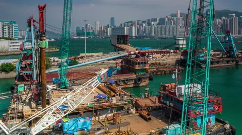 Work barges and cranes on construction of a new tunnel in Hong Kong. Stock Footage 56281548