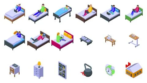 Work in bed icons set isometric vector. Woman laptop Illustrazione stock
