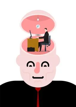 Work of brain concept. open head. Businessman working at table. Stock Illustration