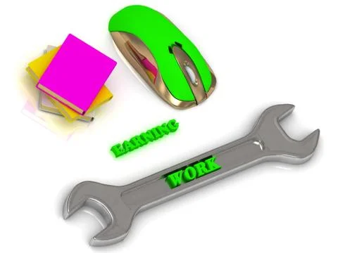 WORK bright volume letter on silver instrument, textbooks and computer mouse Stock Illustration