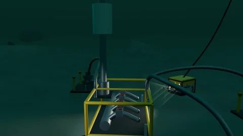 Work class remotely operated vehicle inspecting a subsea manifold cluster 動画素材 344548848
