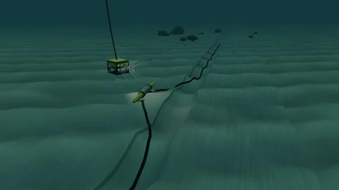 Work class rov inspecting a completed cable repair joint Stock Footage 344541749