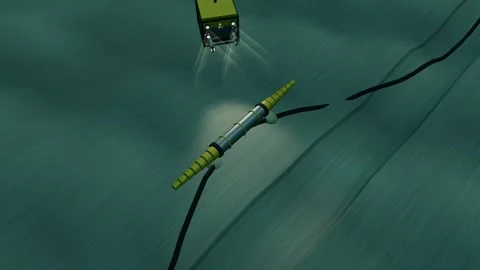 Work class rov inspecting a completed cable repair joint Stock Footage 344544411