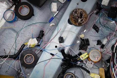 Work clutter of an auto electrician worked in wire replacement and soldering Stock Photos