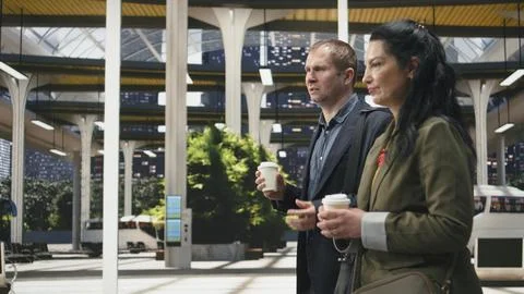 Work colleagues talking and walking inside modern bus terminal, enjoying coffee Stock Photos