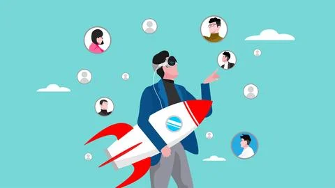 Work communication using mixed reality headset with virtual reality and aug.. Illustrazione stock